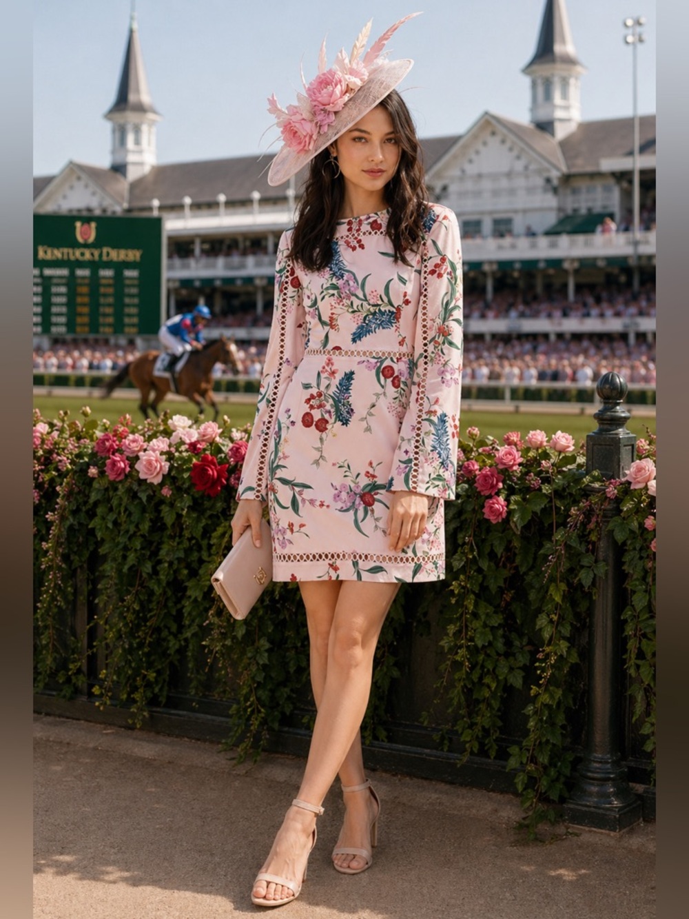 KEEPSAKE the Label Pink Floral Long Sleeve Lace-Trim Mini Dress Kentucky Derby